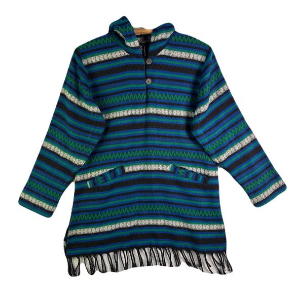 SACRED THREADS Hooded/Multicolored Striped/Fringe Hem Mexican Poncho Size S - Picture 1 of 10